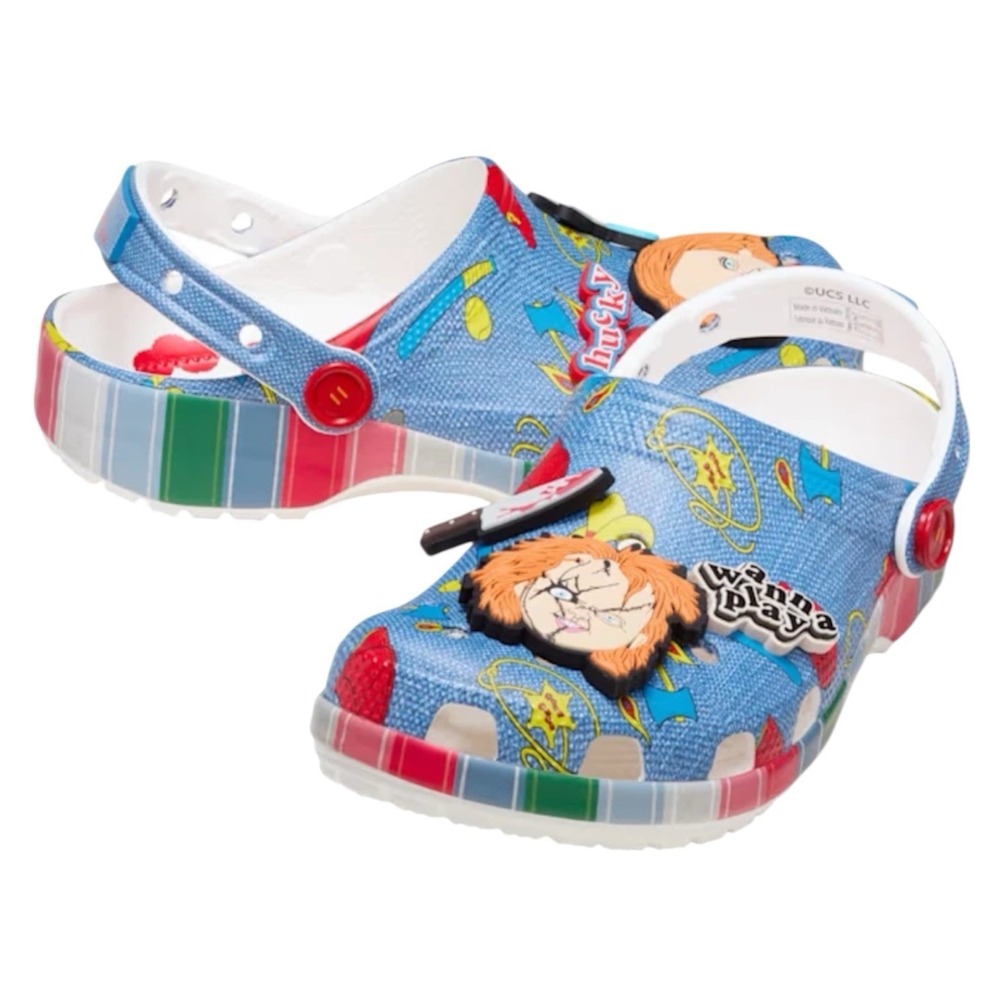 Crocs Chucky Classic Clogs Mens 10 Womens 12 Blue Halloween Horror Slip On Shoes
